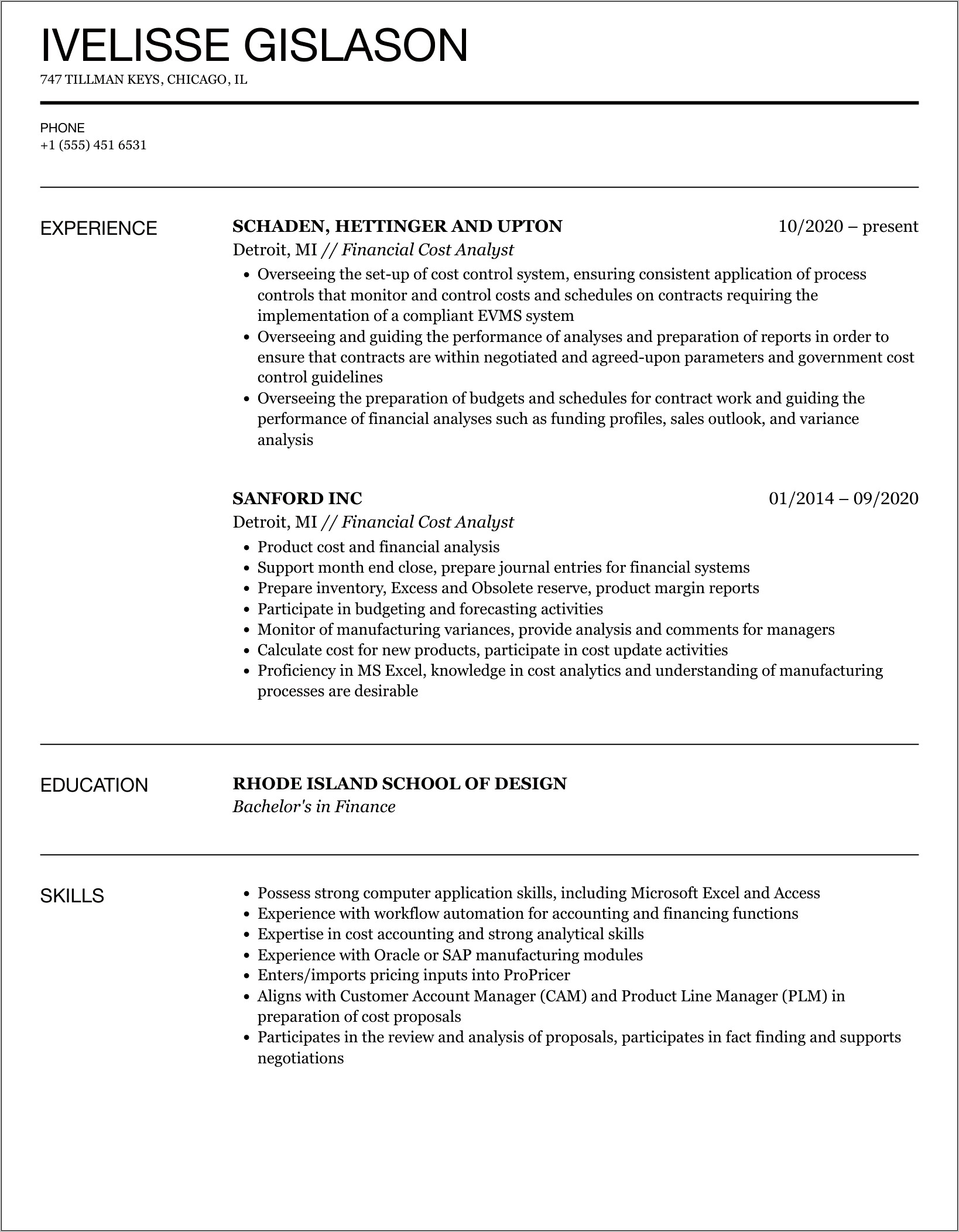 Financial Analyst Manufacturing Resume Example