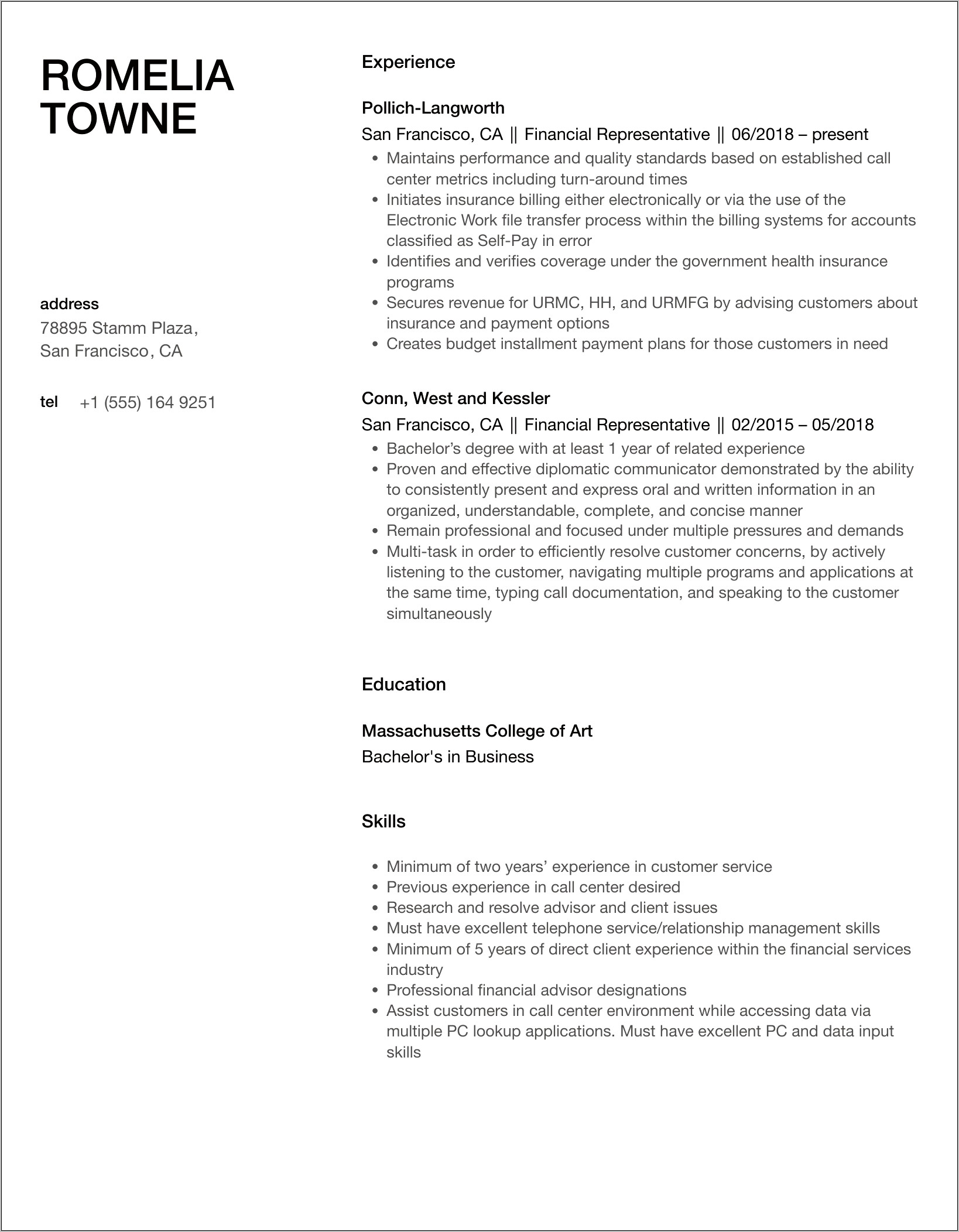 Financial Representative Job Description Resume