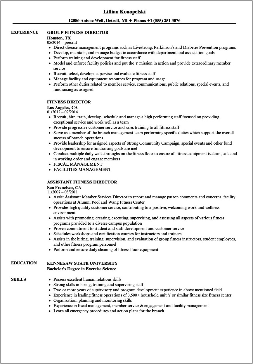 Fitness Club Manager Resume Sample