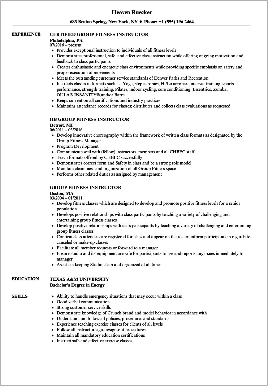 Fitness Coordinator Job Description Resume