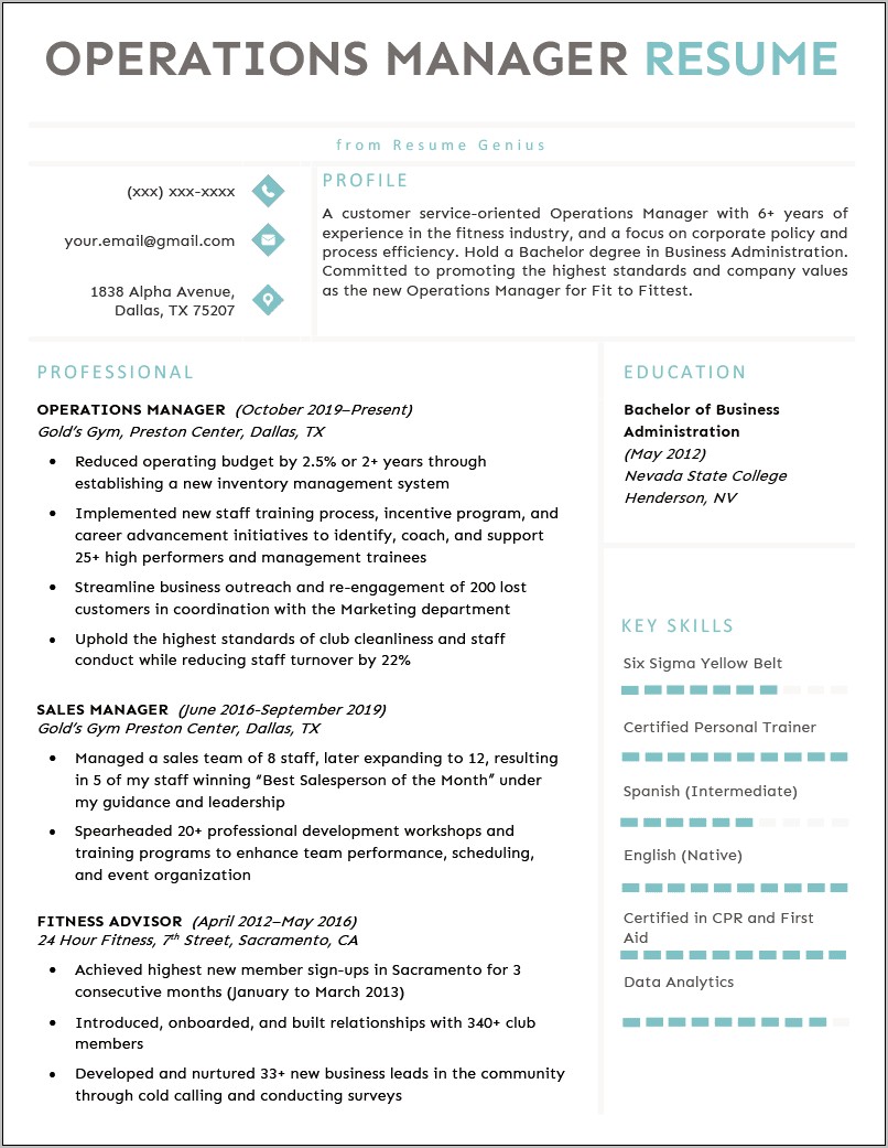 Fitness Manager Job Description Resume