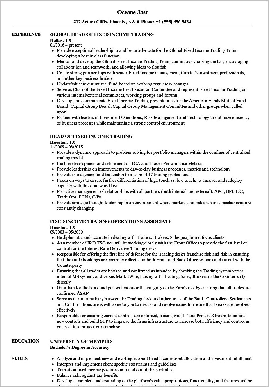 Fixed Income Trader Resume Example