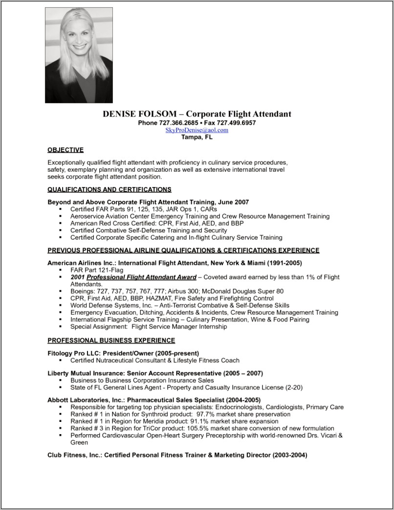 Flight Attendant Summary Resume Sample