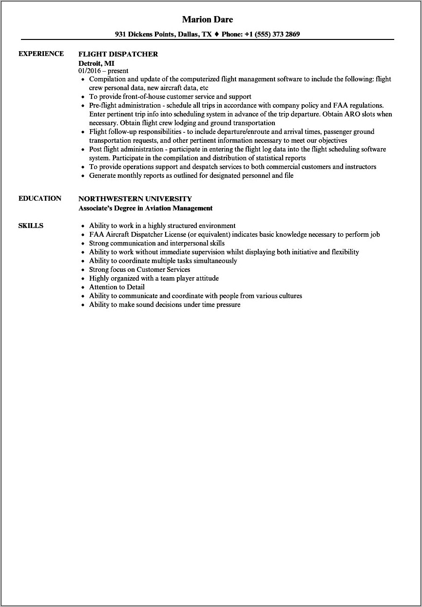 Flight Dispatcher Skills For Resume