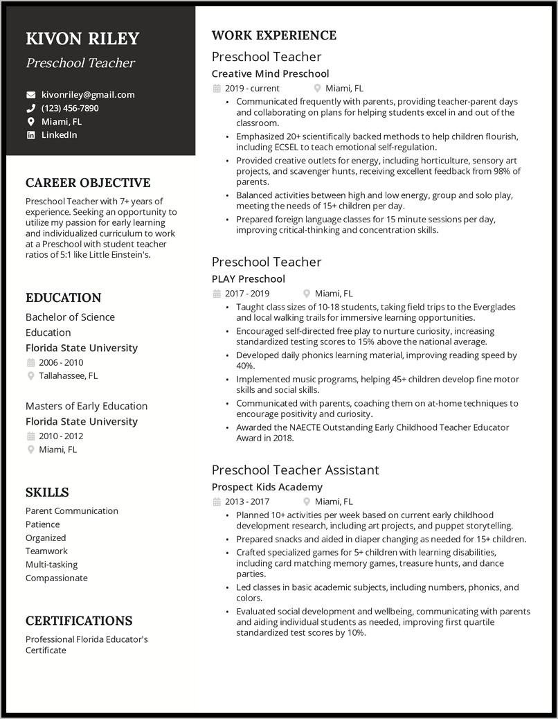 Florida State University Resume Sample