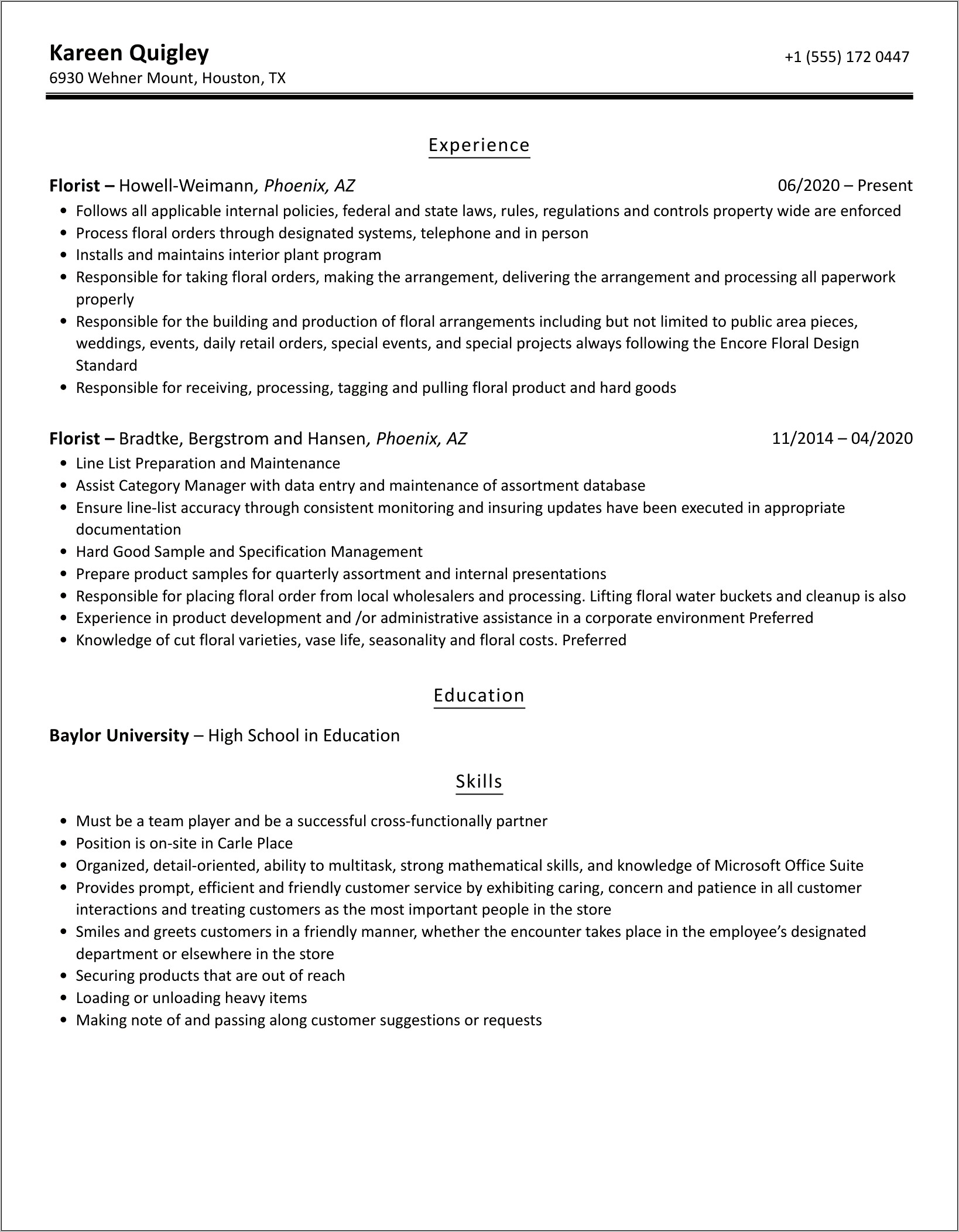 Florist Job Duties For Resume