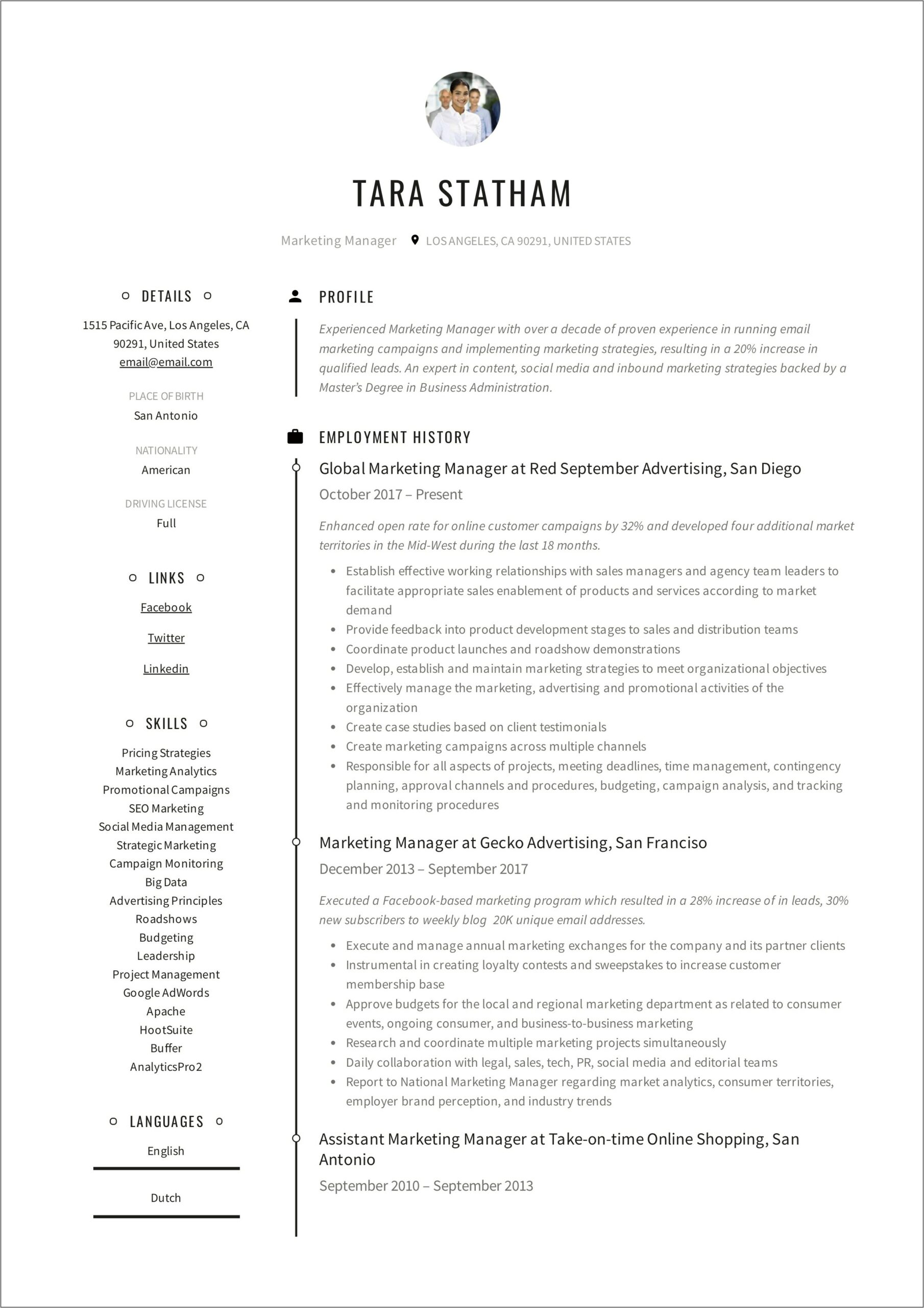 Fmcg Marketing Manager Resume Sample