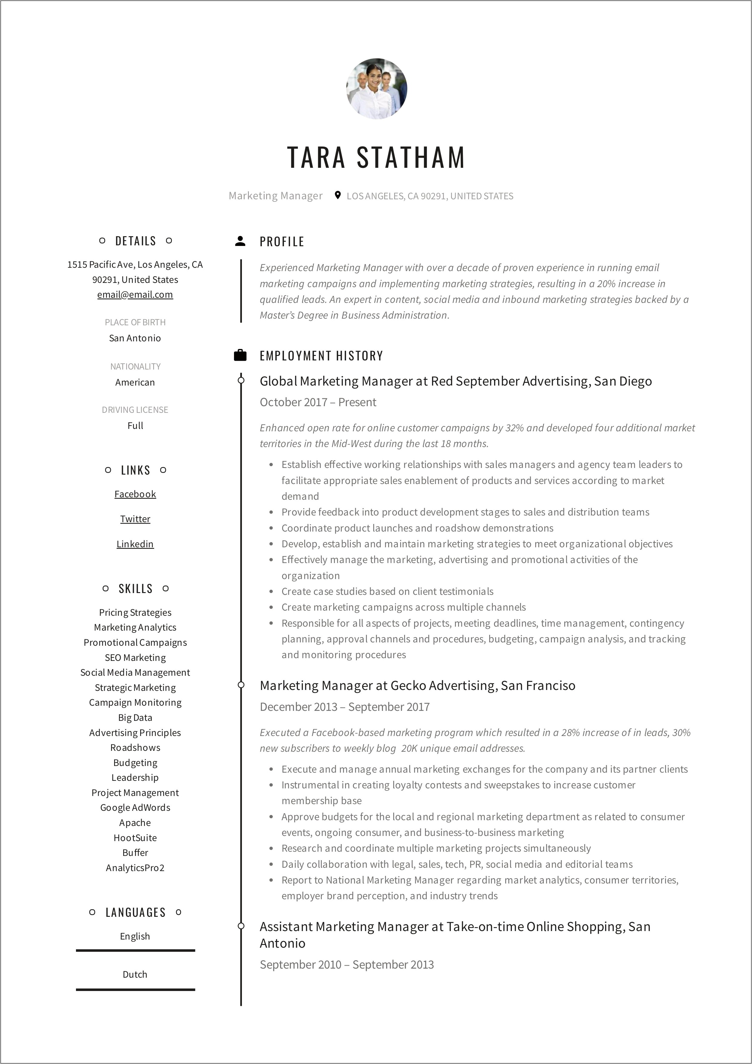 Fmcg Marketing Manager Resume Sample