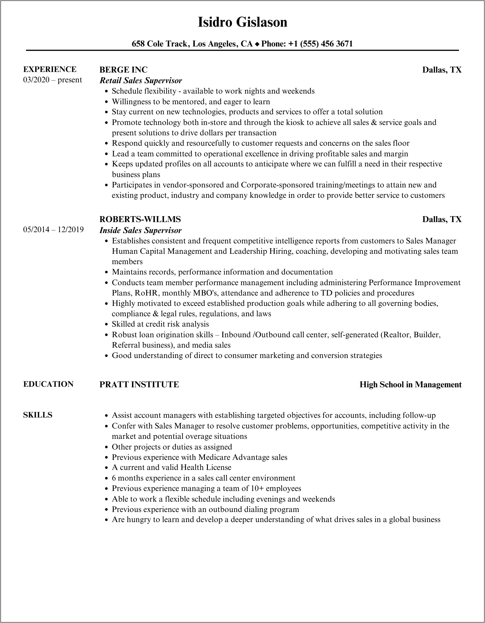 Fmcg Sales Supervisor Resume Sample