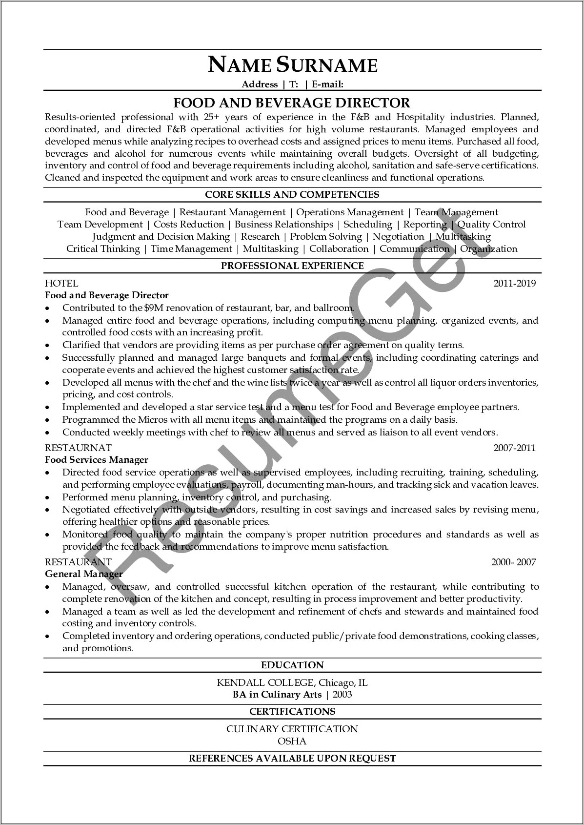 Food And Beverage Resume Objective