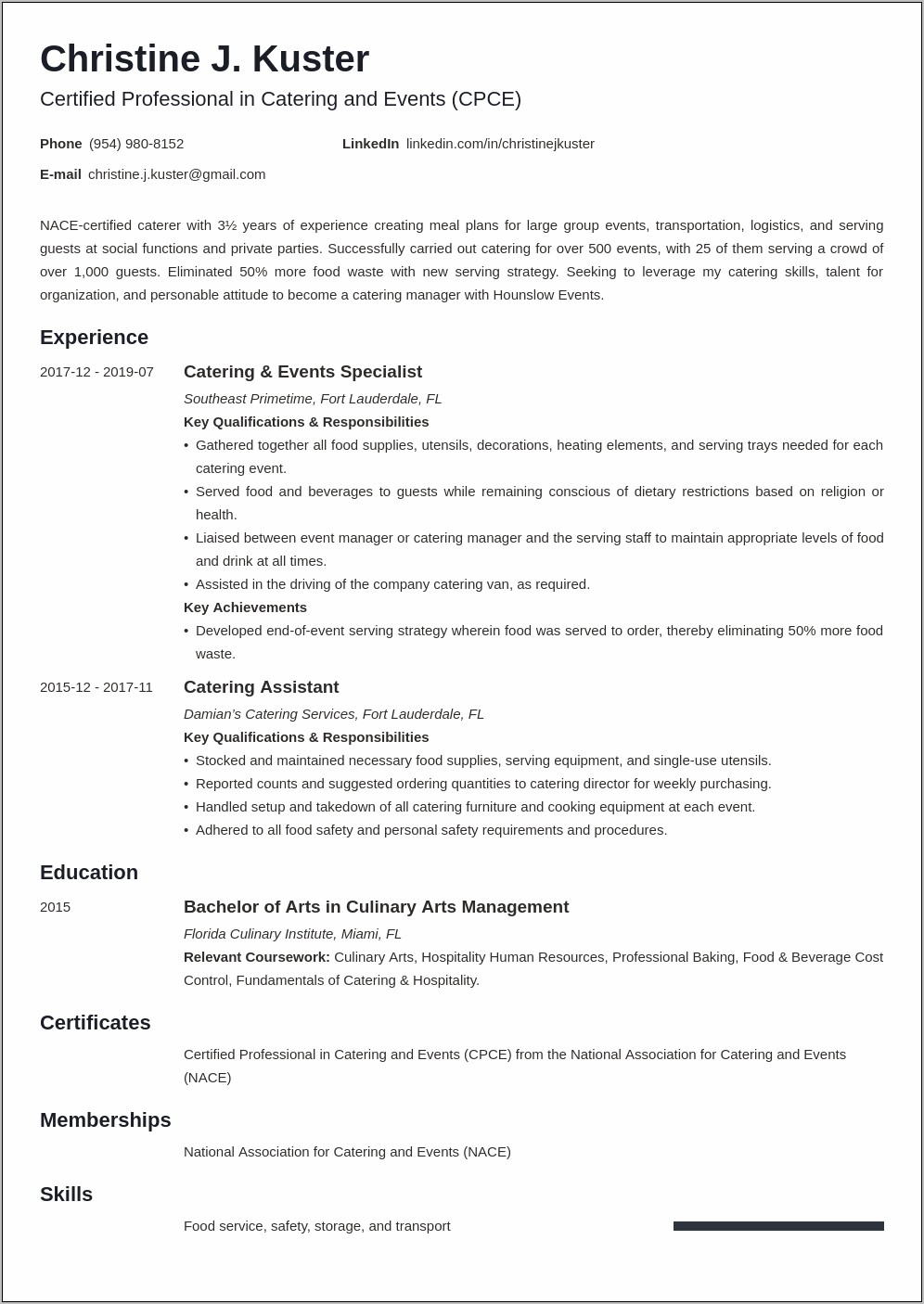 Food Coordinator Resume 2017 Example