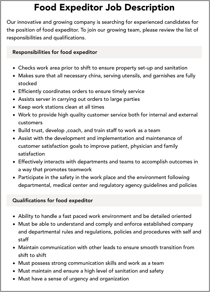 Food Expeditor Job Description Resume