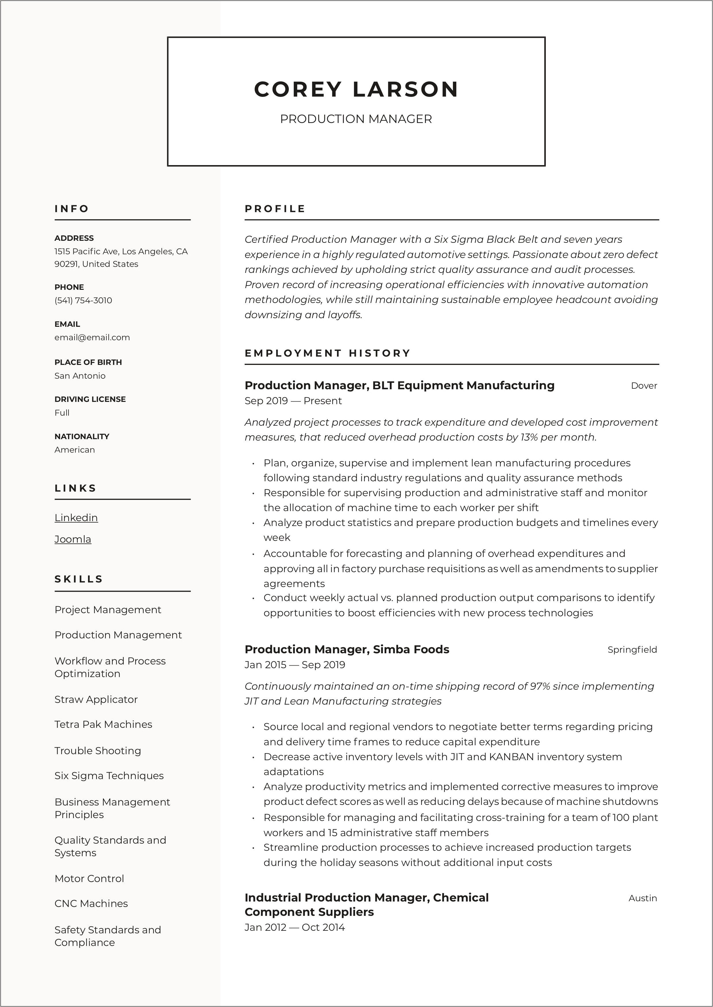 Food Industry Manager Resume Sample