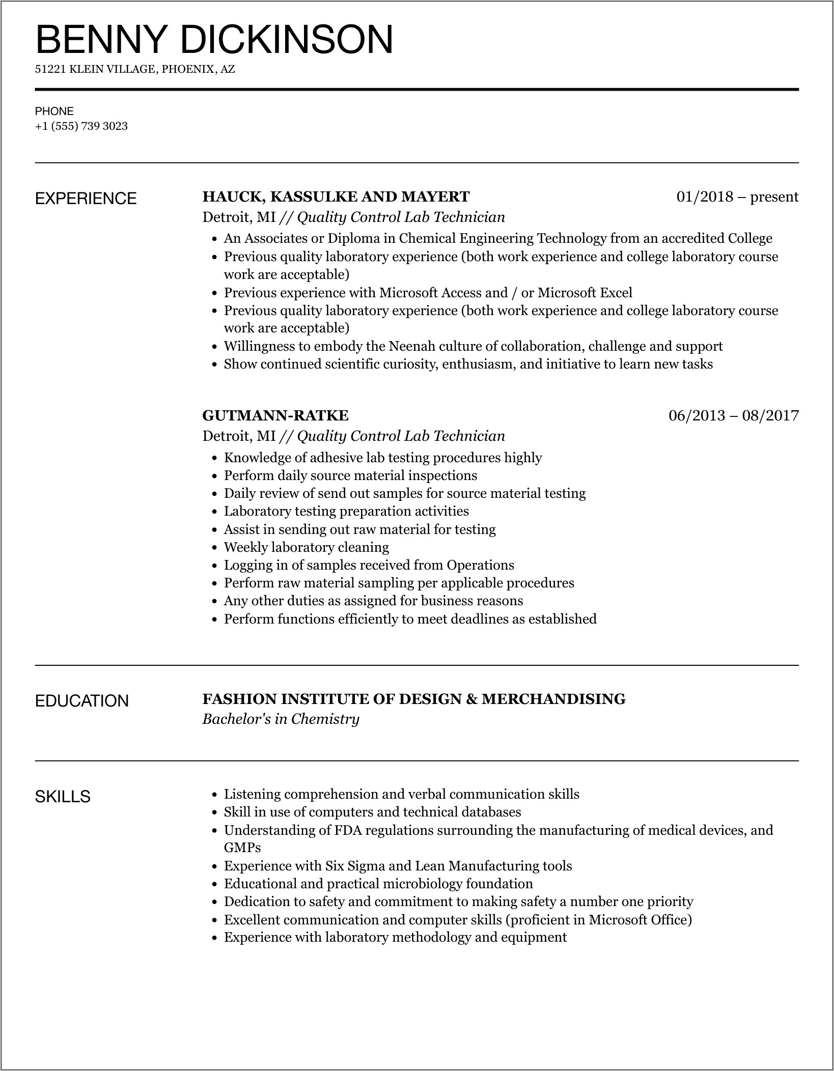 Food Lab Technician Resume Skills