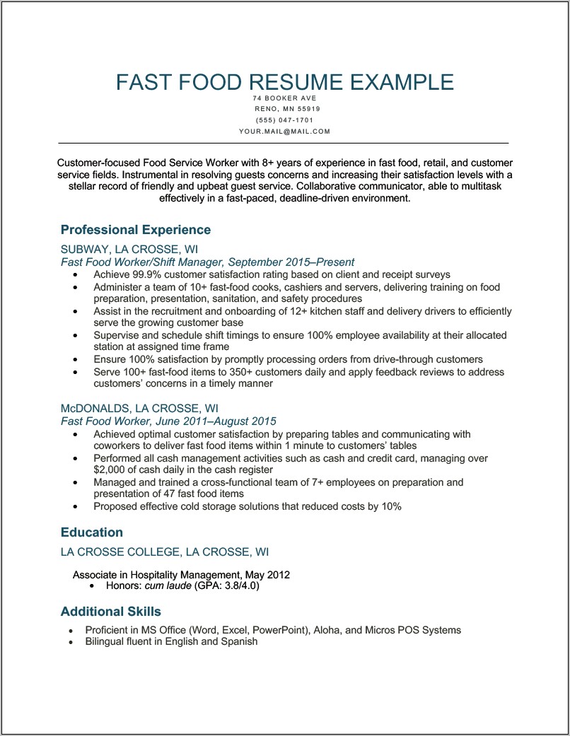 Food Serive Job Description Resume