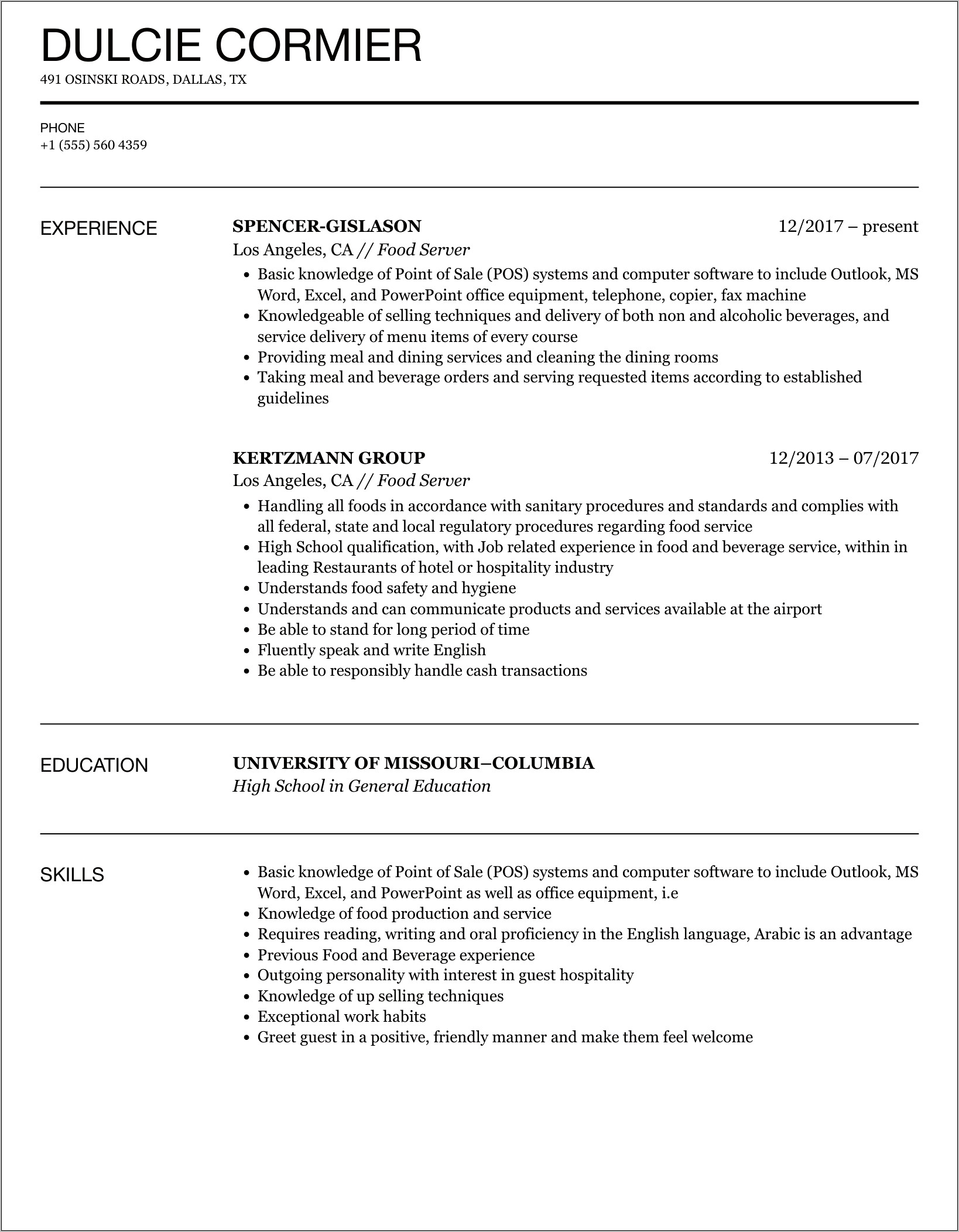 Food Server Resume Template Free