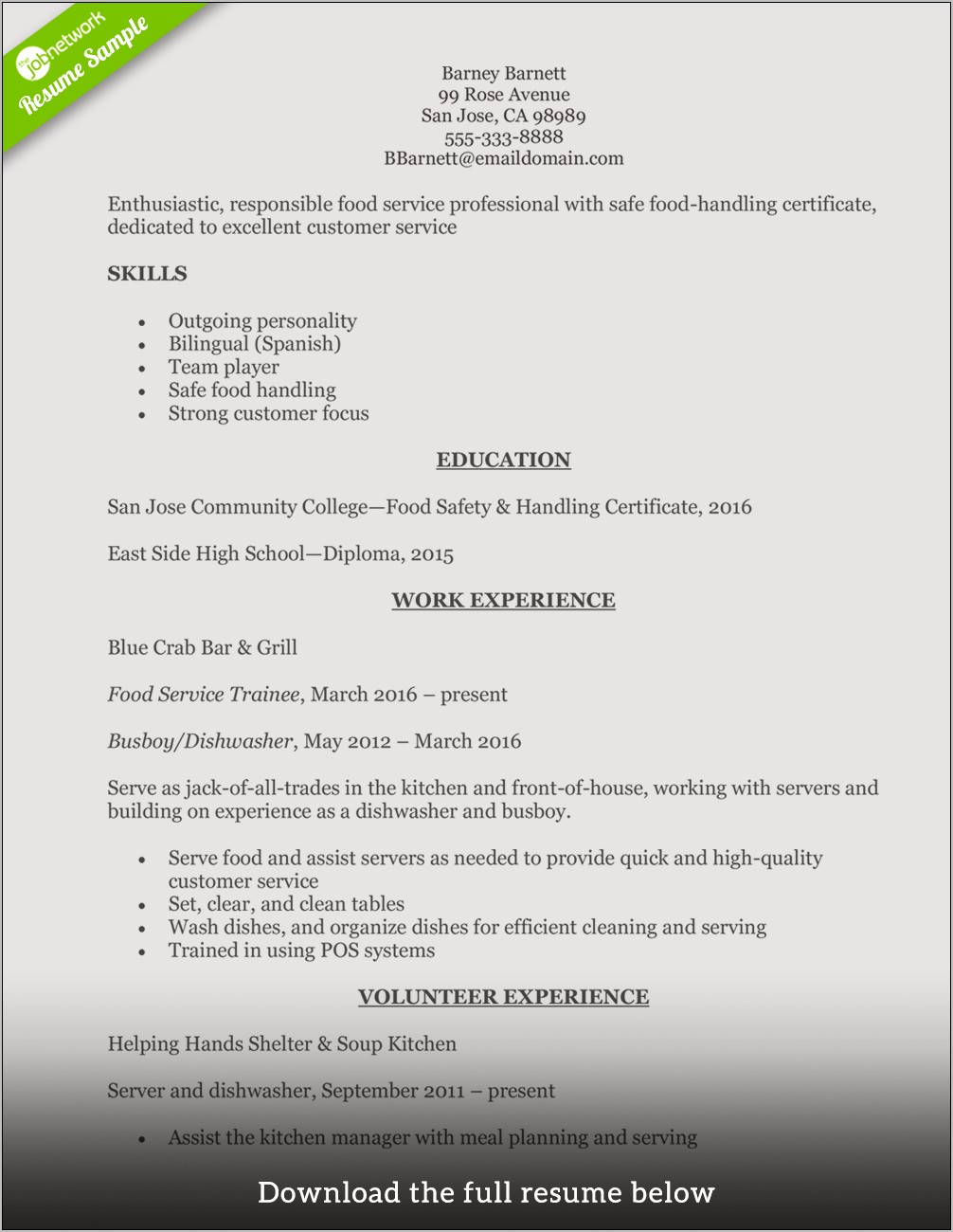 Food Service Industry Sample Resume