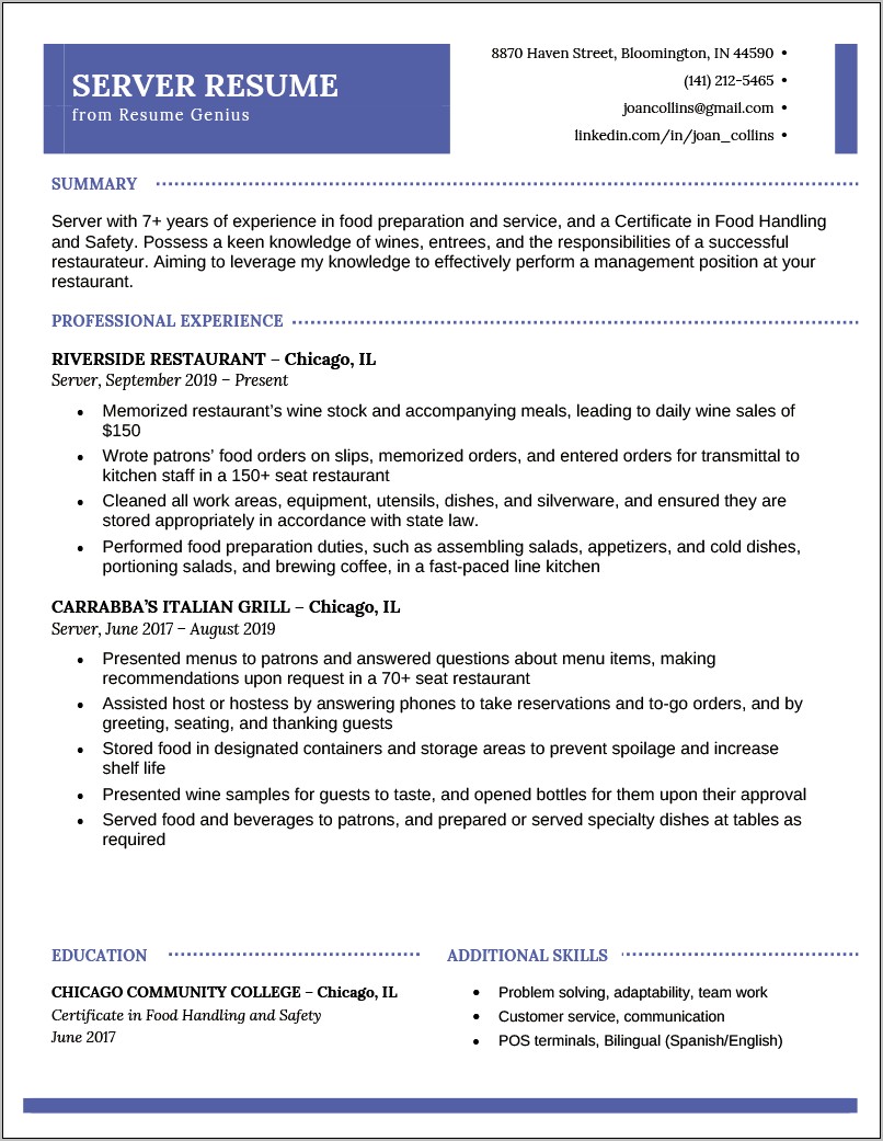 Food Service Job Resume Samples