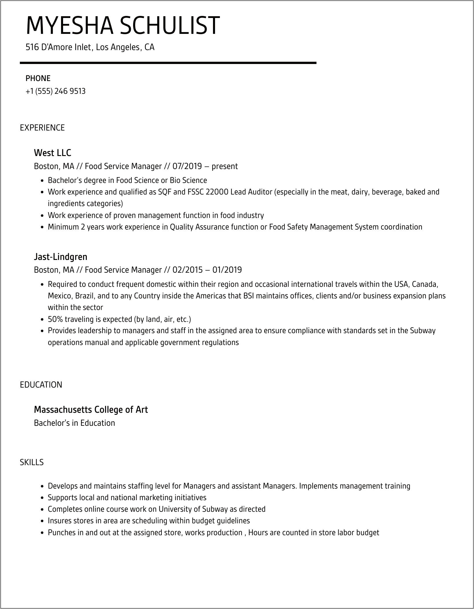 Food Service Manager Resume Responsibilities