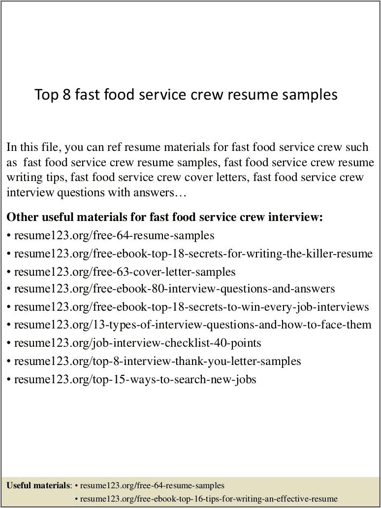 Food Service Objective Resume Samples