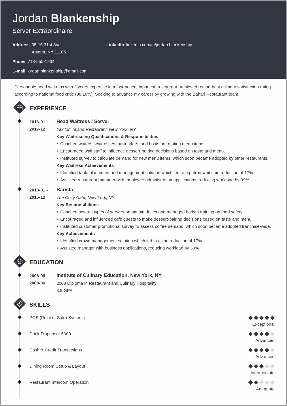 Food Service Organization Resume Skills