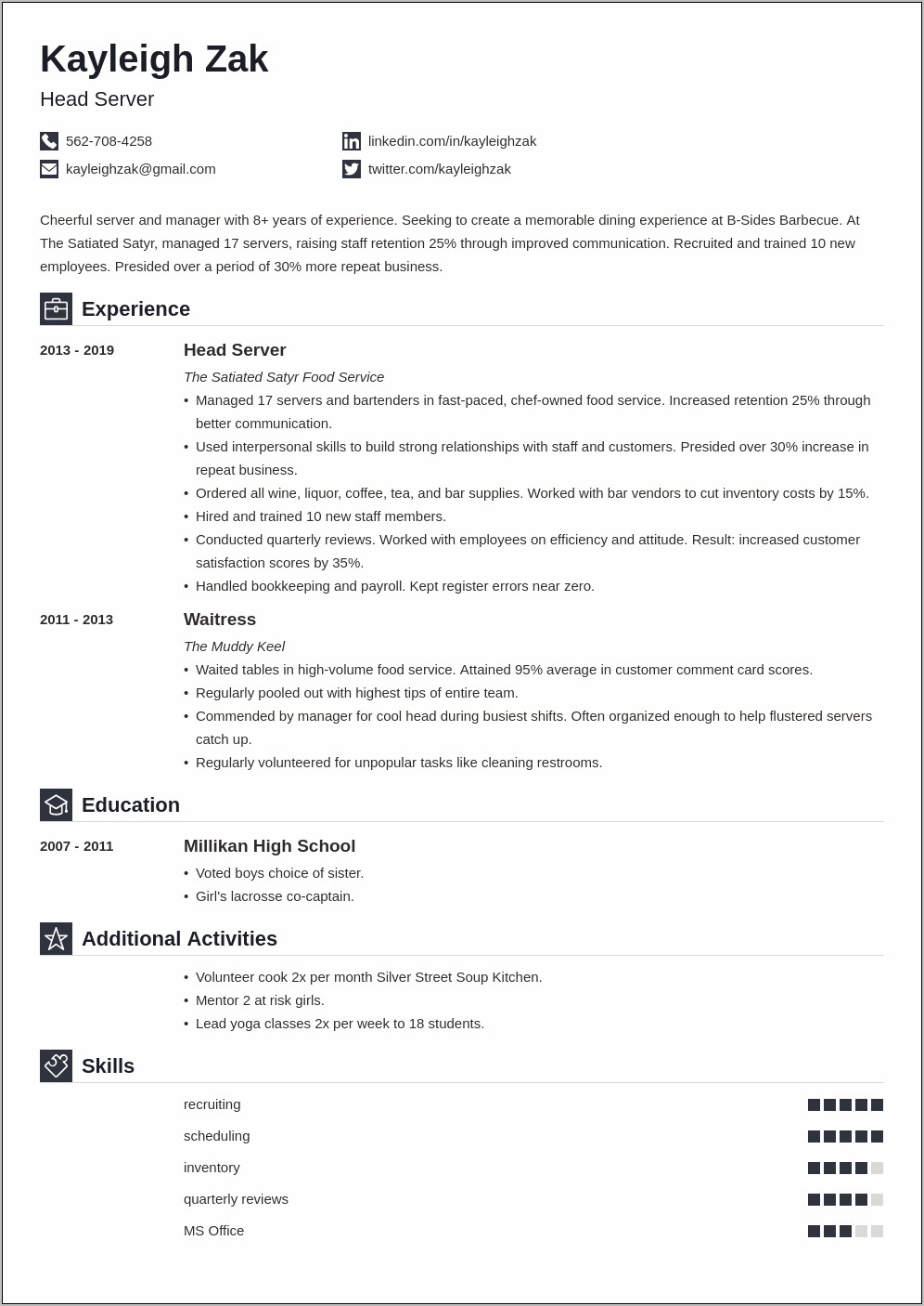 Food Service Resume Examples 2018