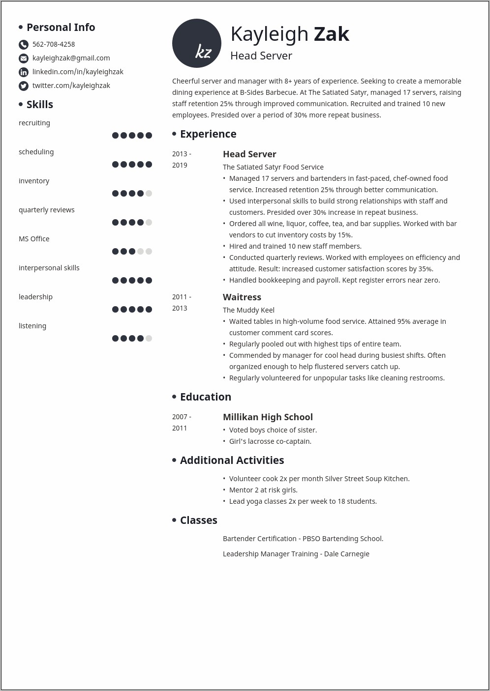 Food Service Resume Summary Examples