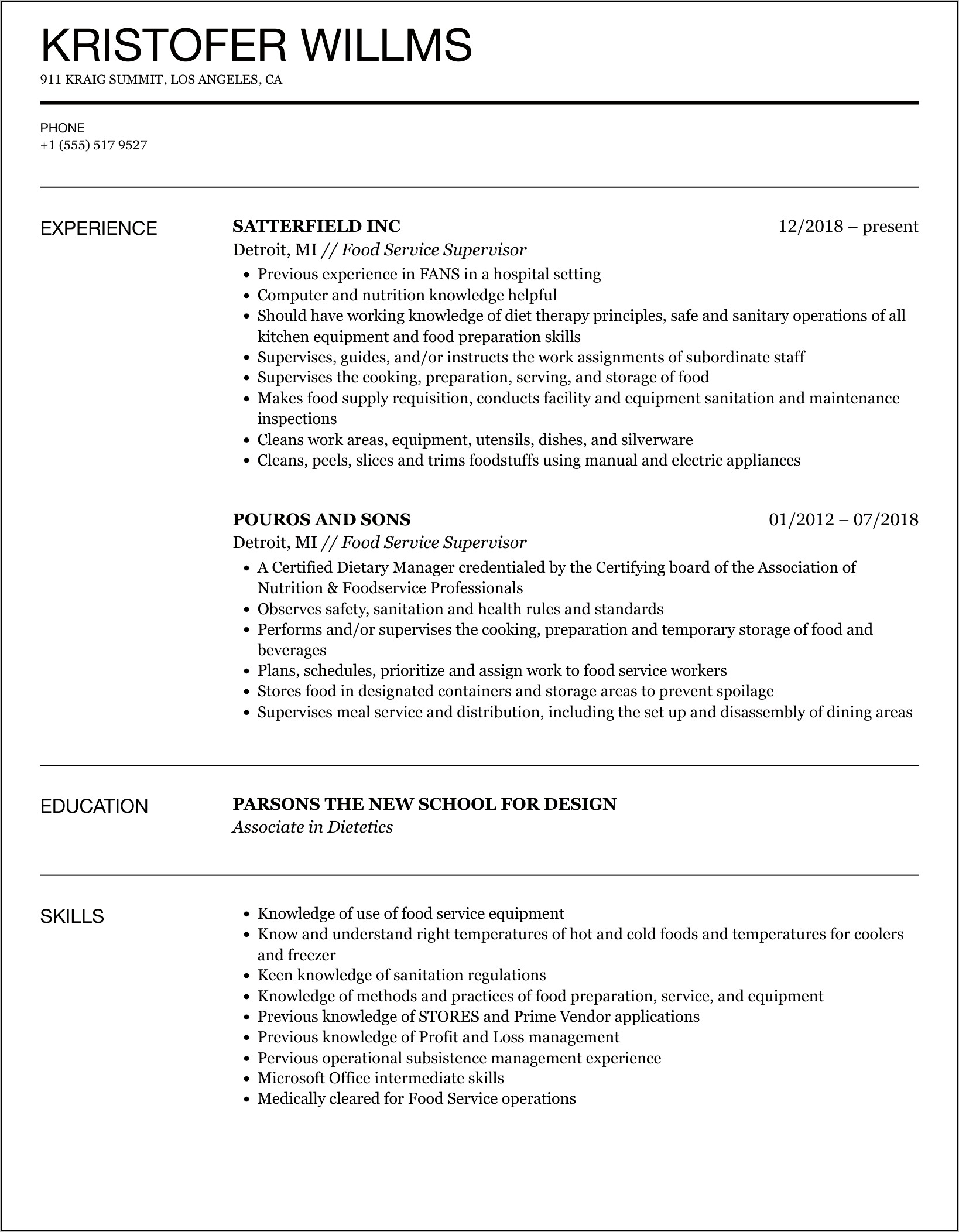 Food Service Shift Manager Resume