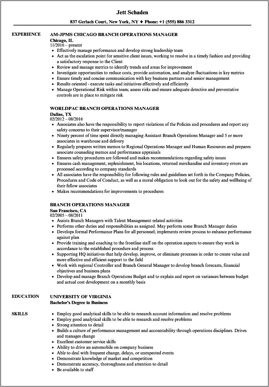 Foreign Exchange Branch Manager Resume