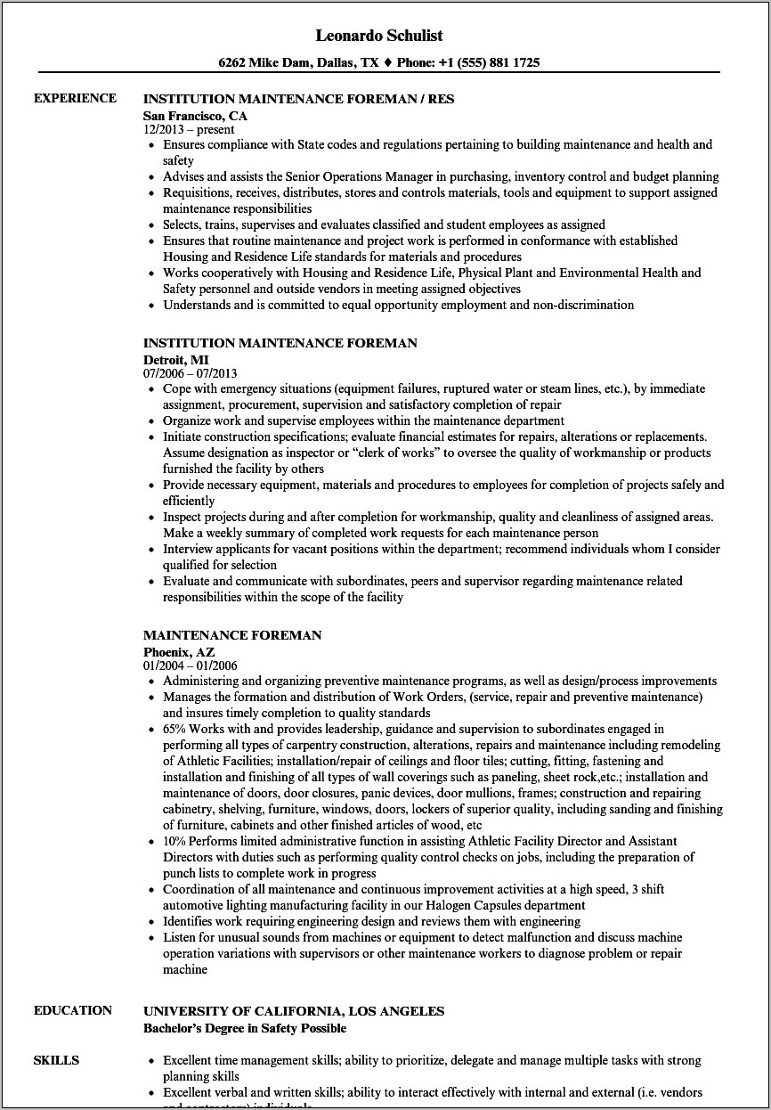 Foreman Waterproofing Basement Resume Example