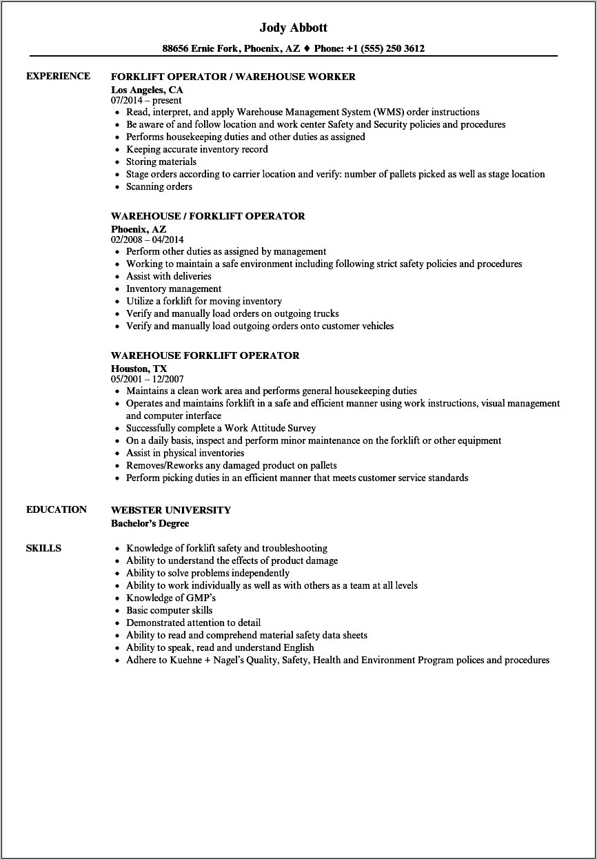 Forklift Operator Job Hero Resume