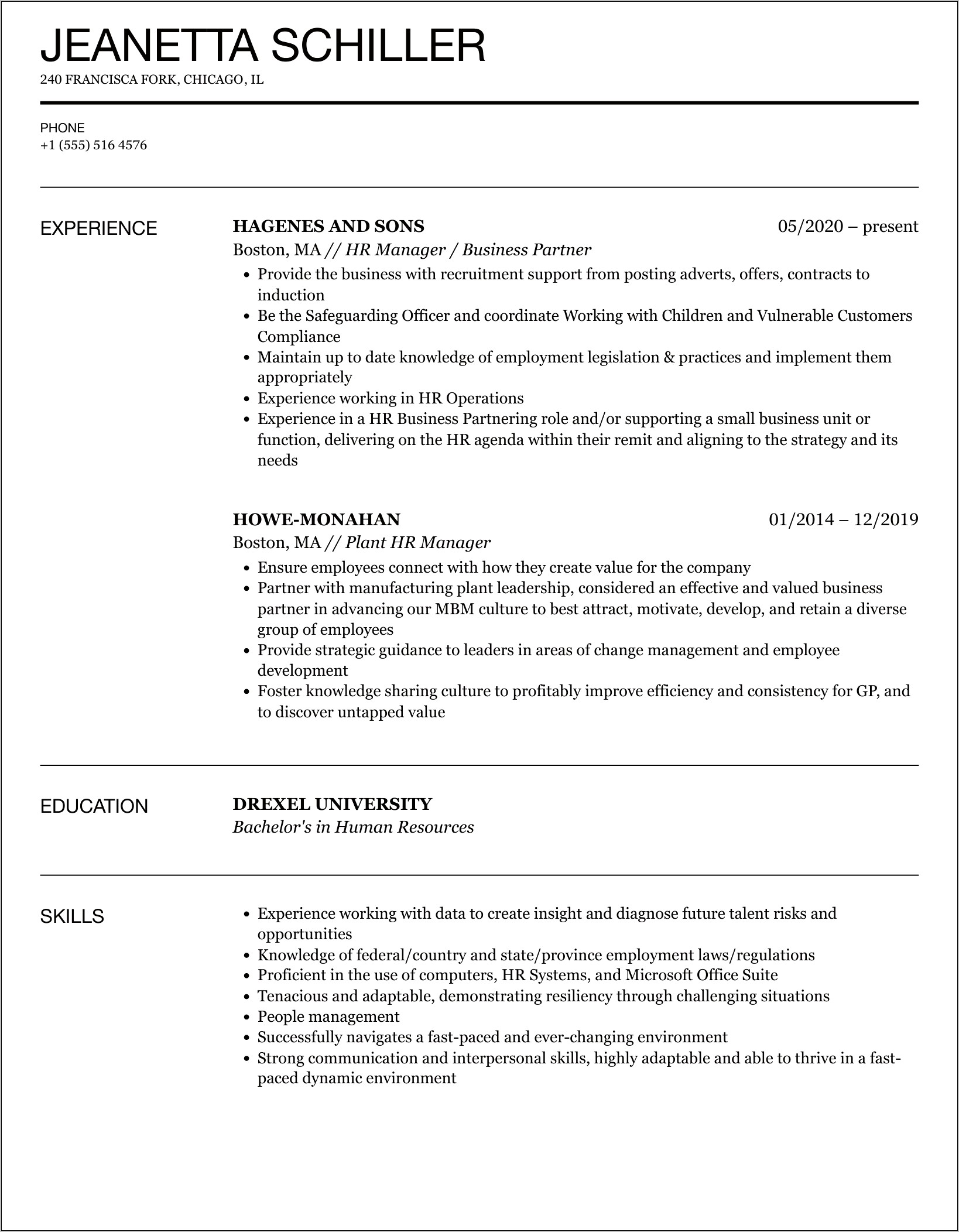 Format Of Hr Manager Resume