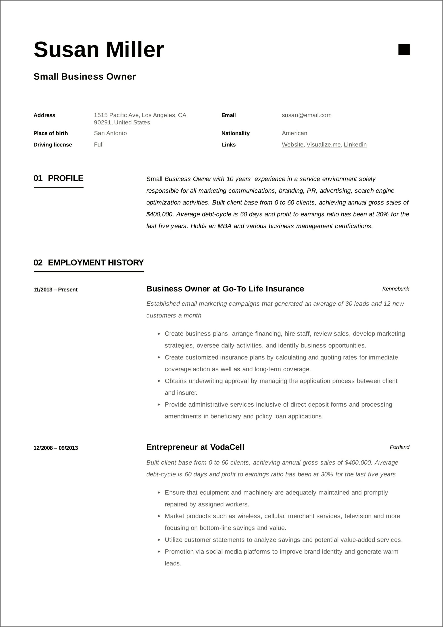 Former Business Owner Resume Examples