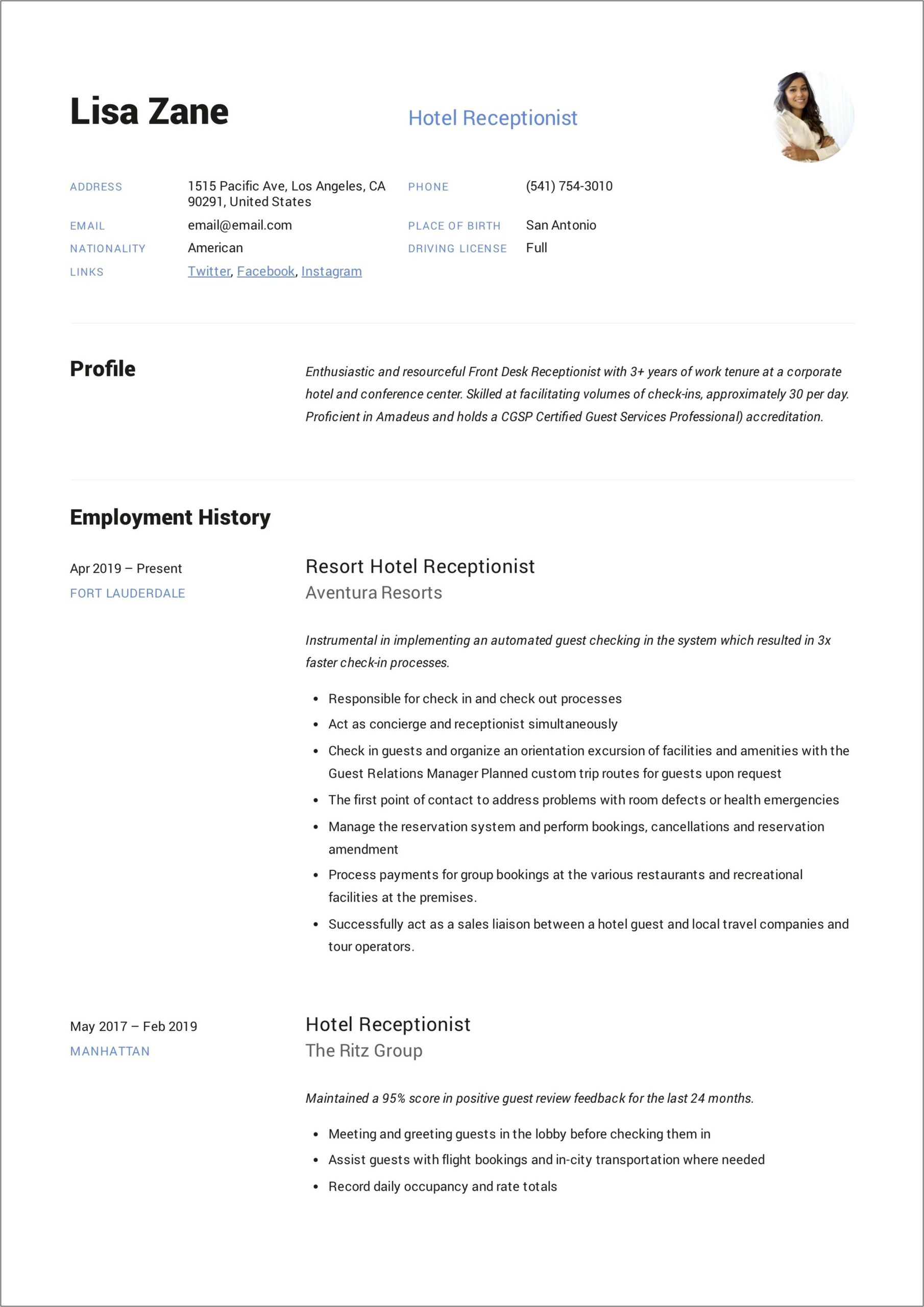 Four Seasons Receptionist Resume Sample