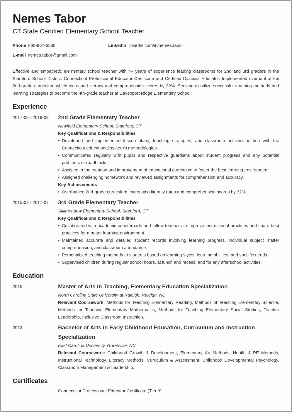 Fourth Grade Teacher Resume Sample