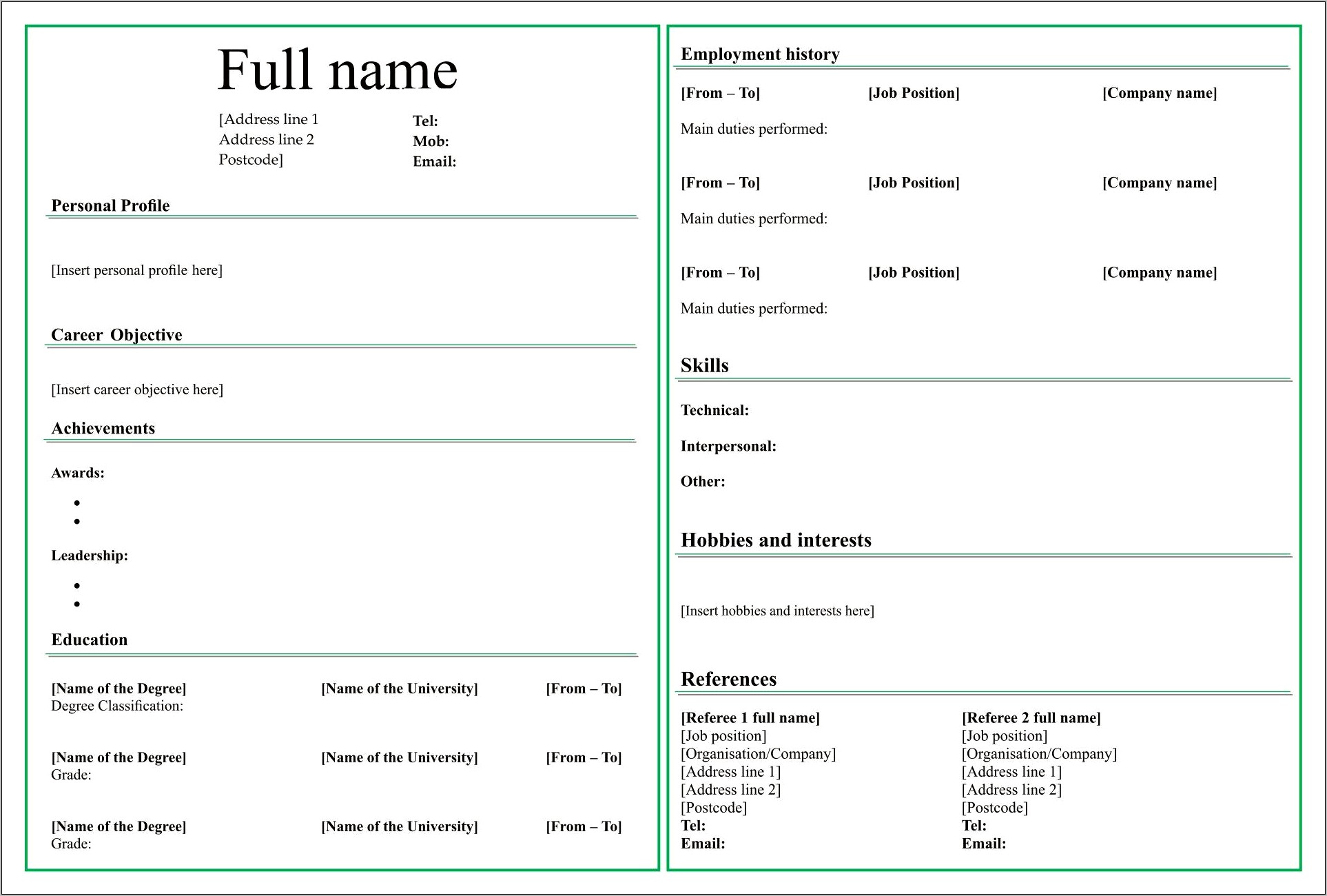 Free Blank Resume Print Out