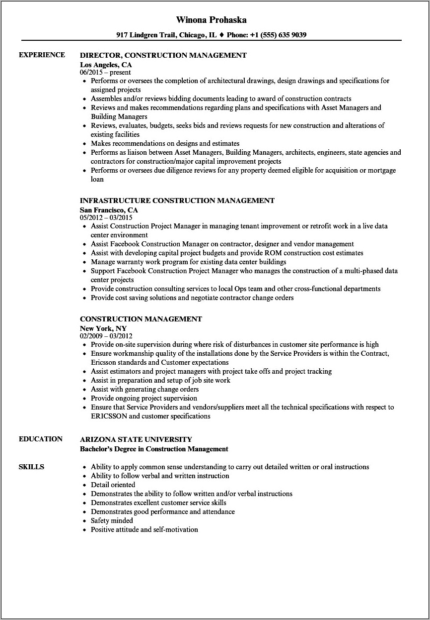 Free Construction Management Resume Templates