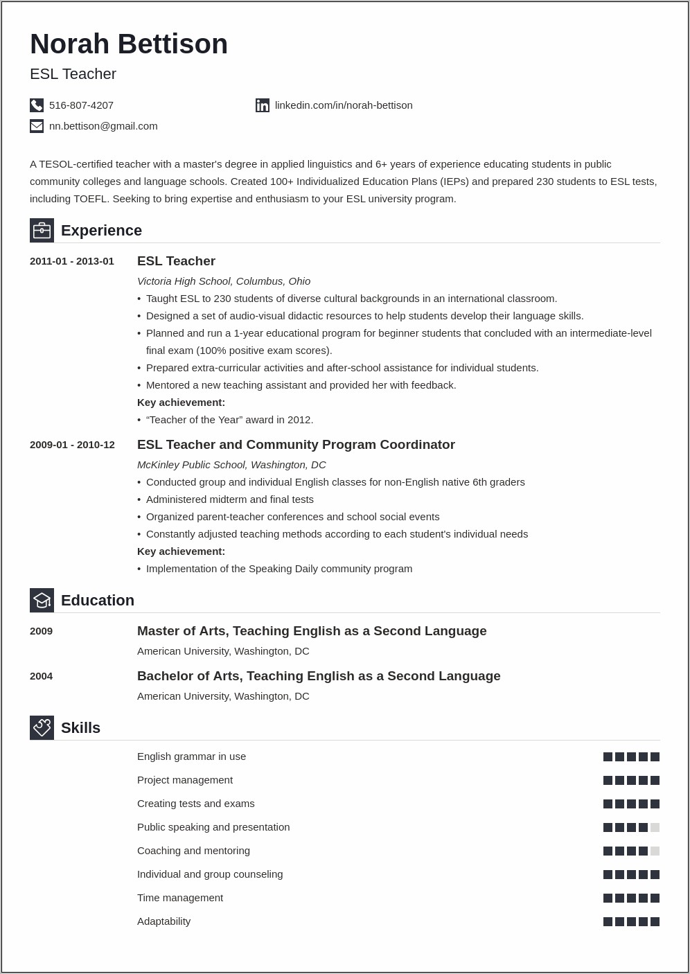 Free Esl Teacher Resumes Pdf