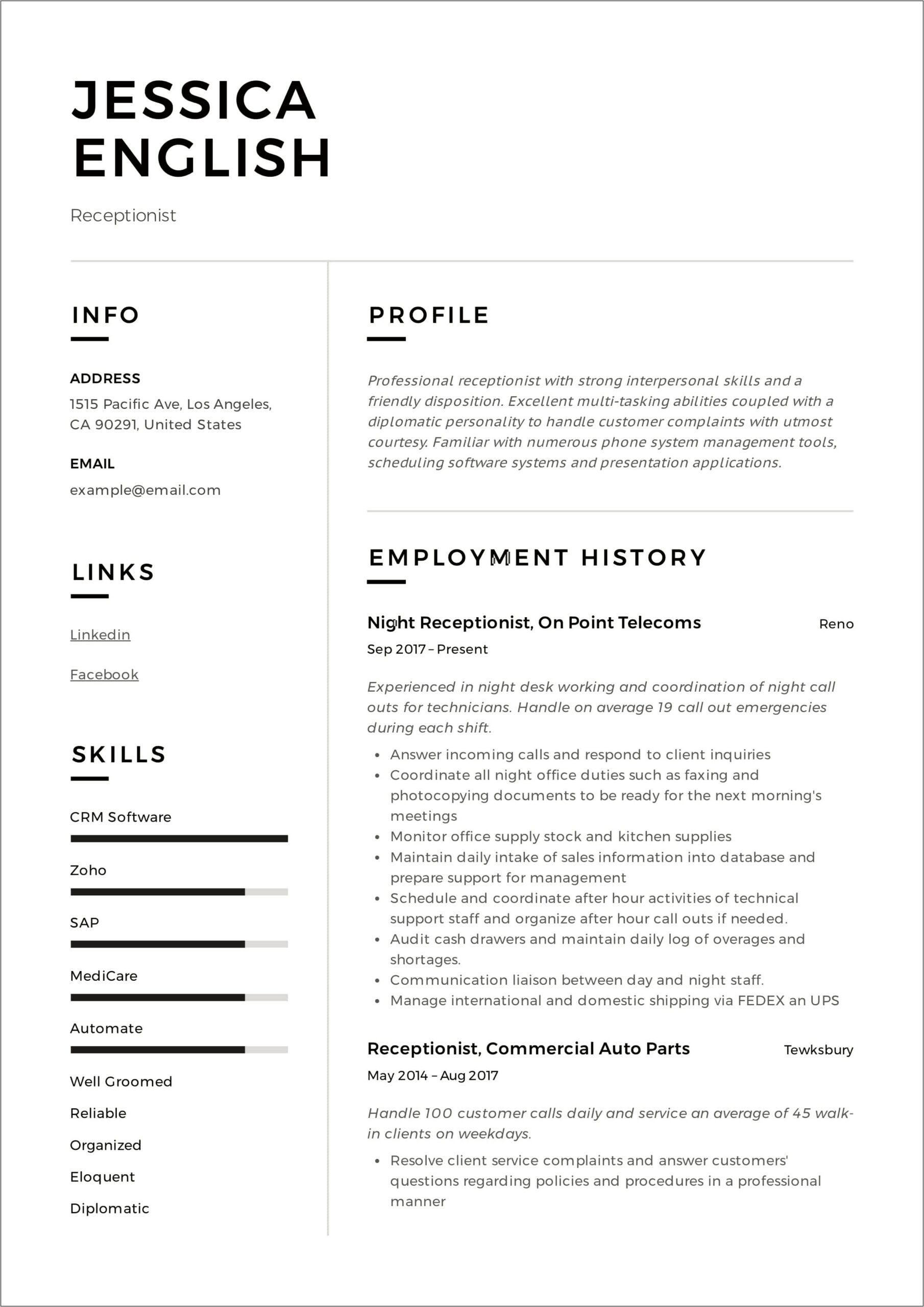 Free Examples Of Receptionist Resume