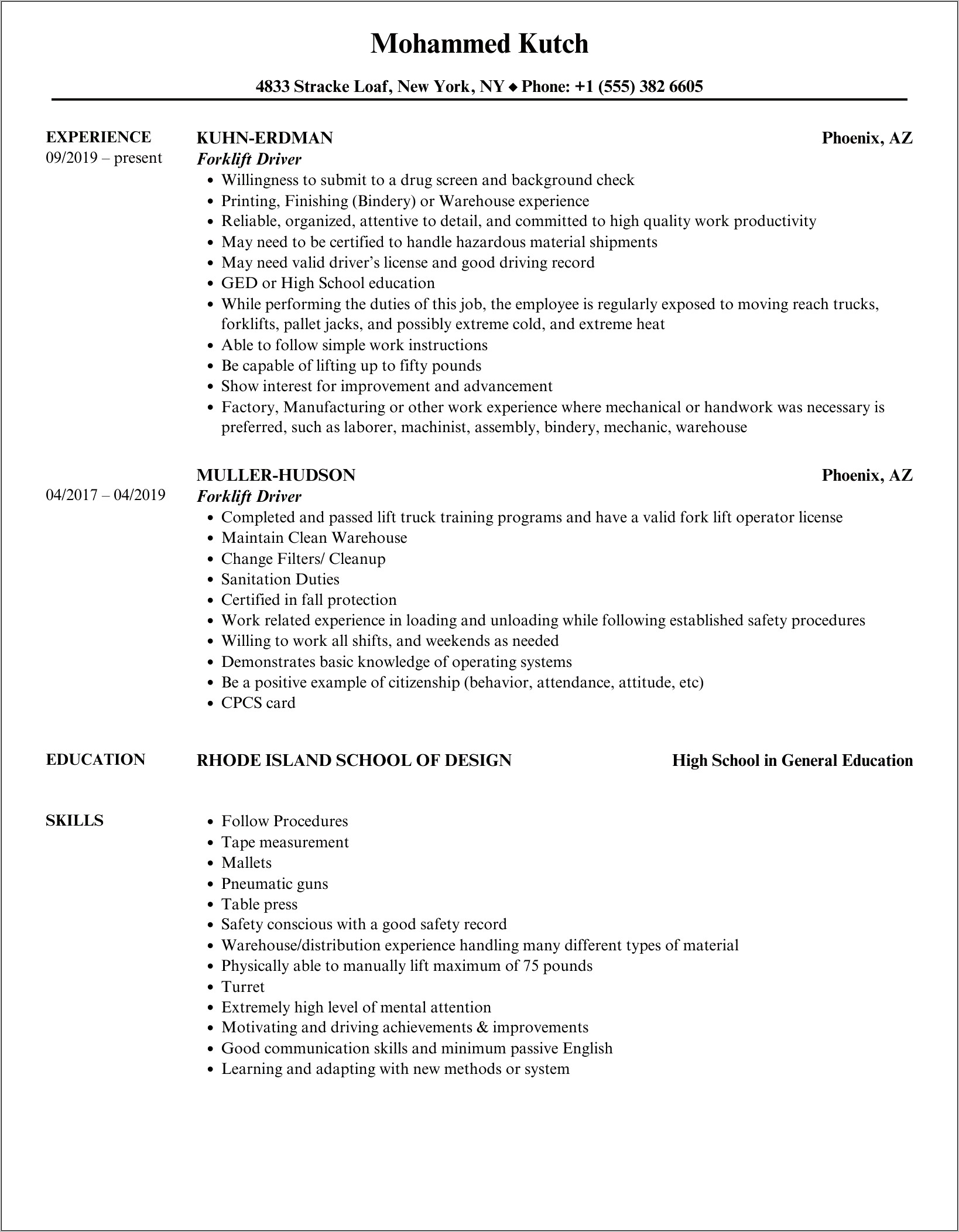 Free Forklift Driver Resume Search