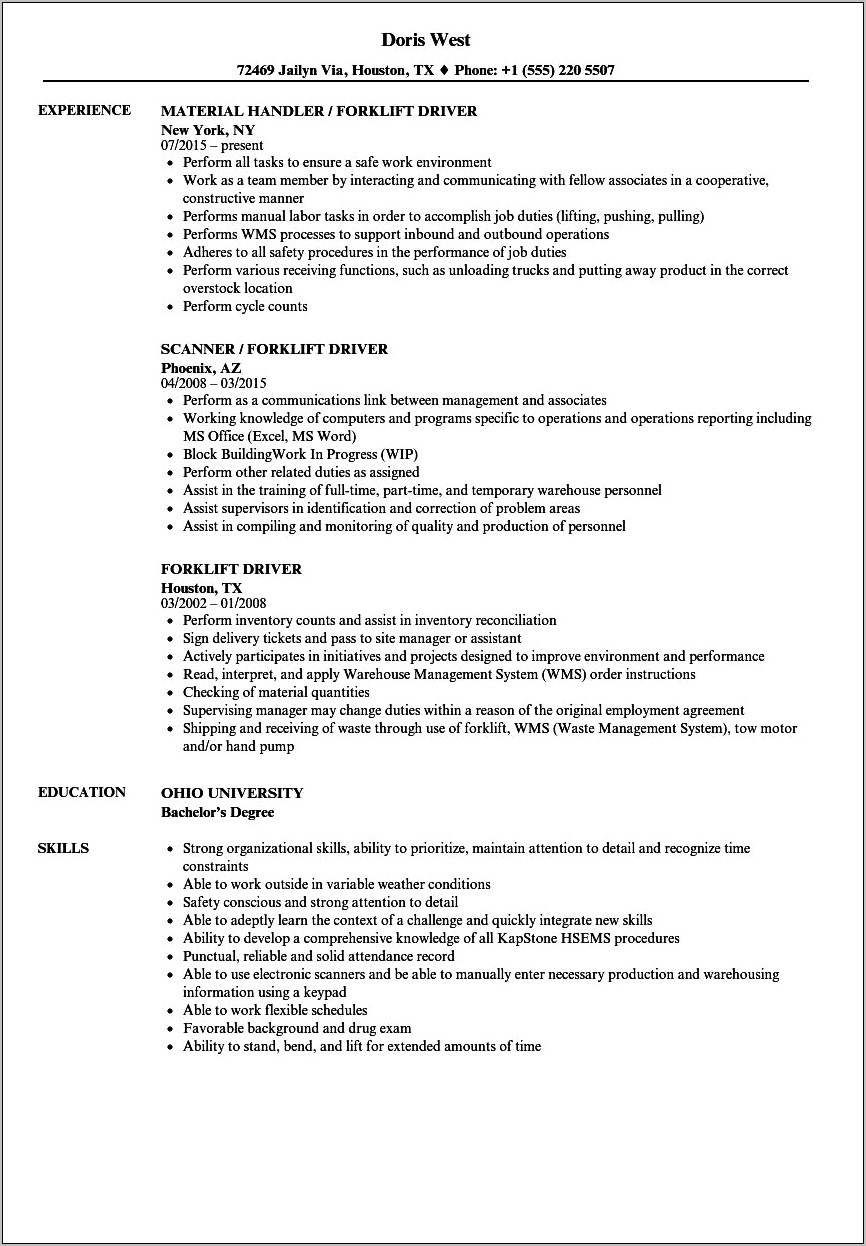 Free Forklift Driver Resume Template