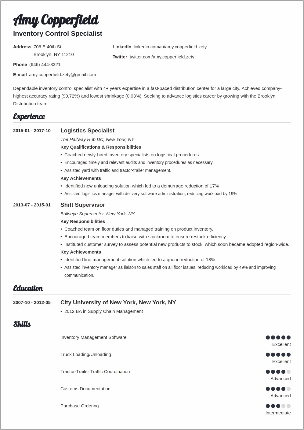 Free Inventory Specialist Resume Sample