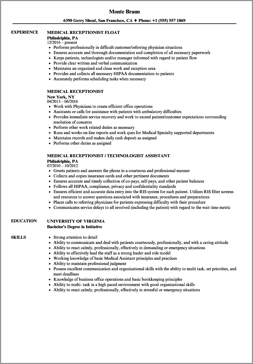 Free Medical Receptionist Resume Templates