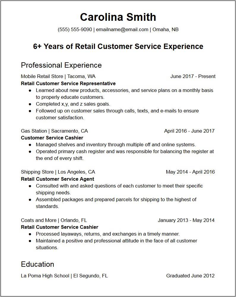 Free Online Customer Service Resume