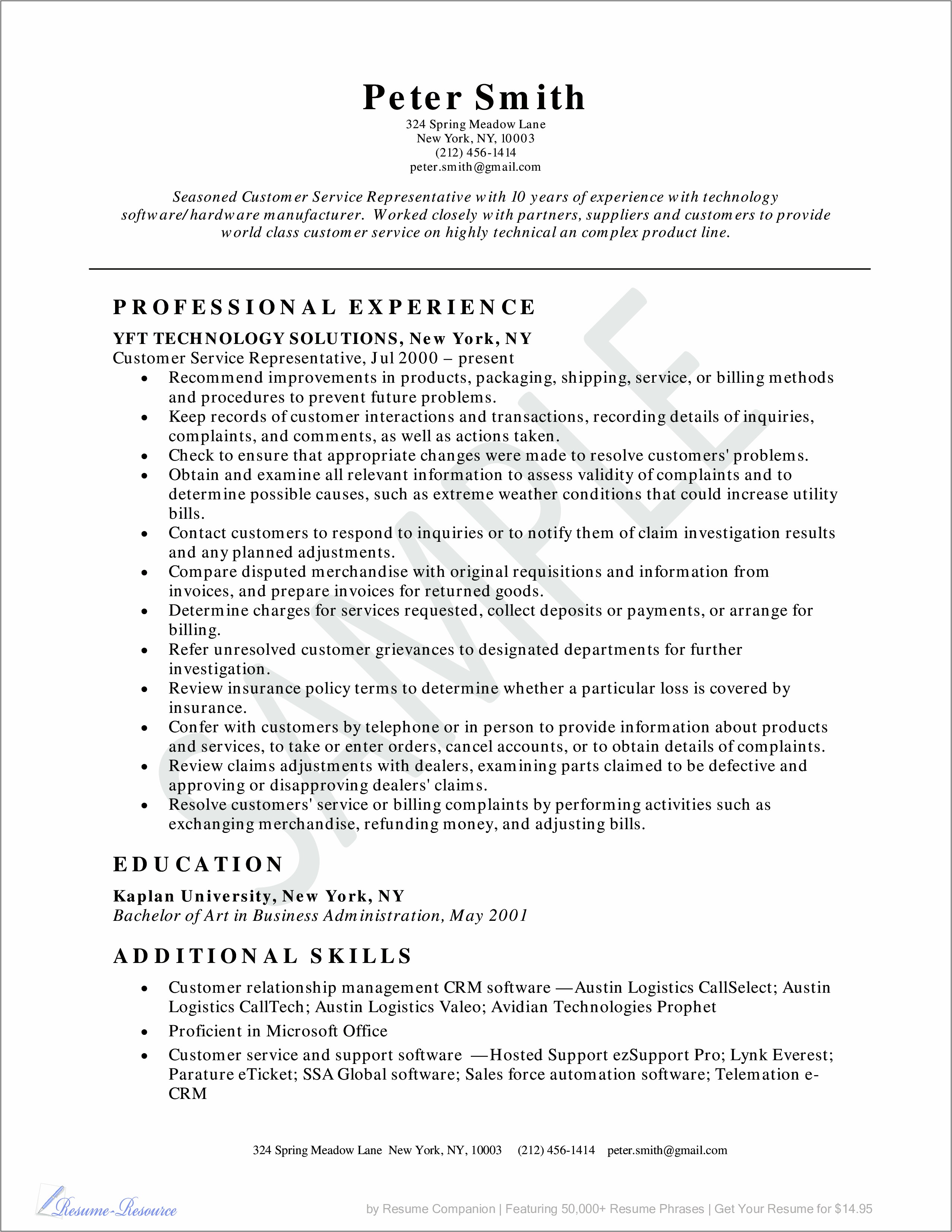 Free Patient Service Repusentative Resume