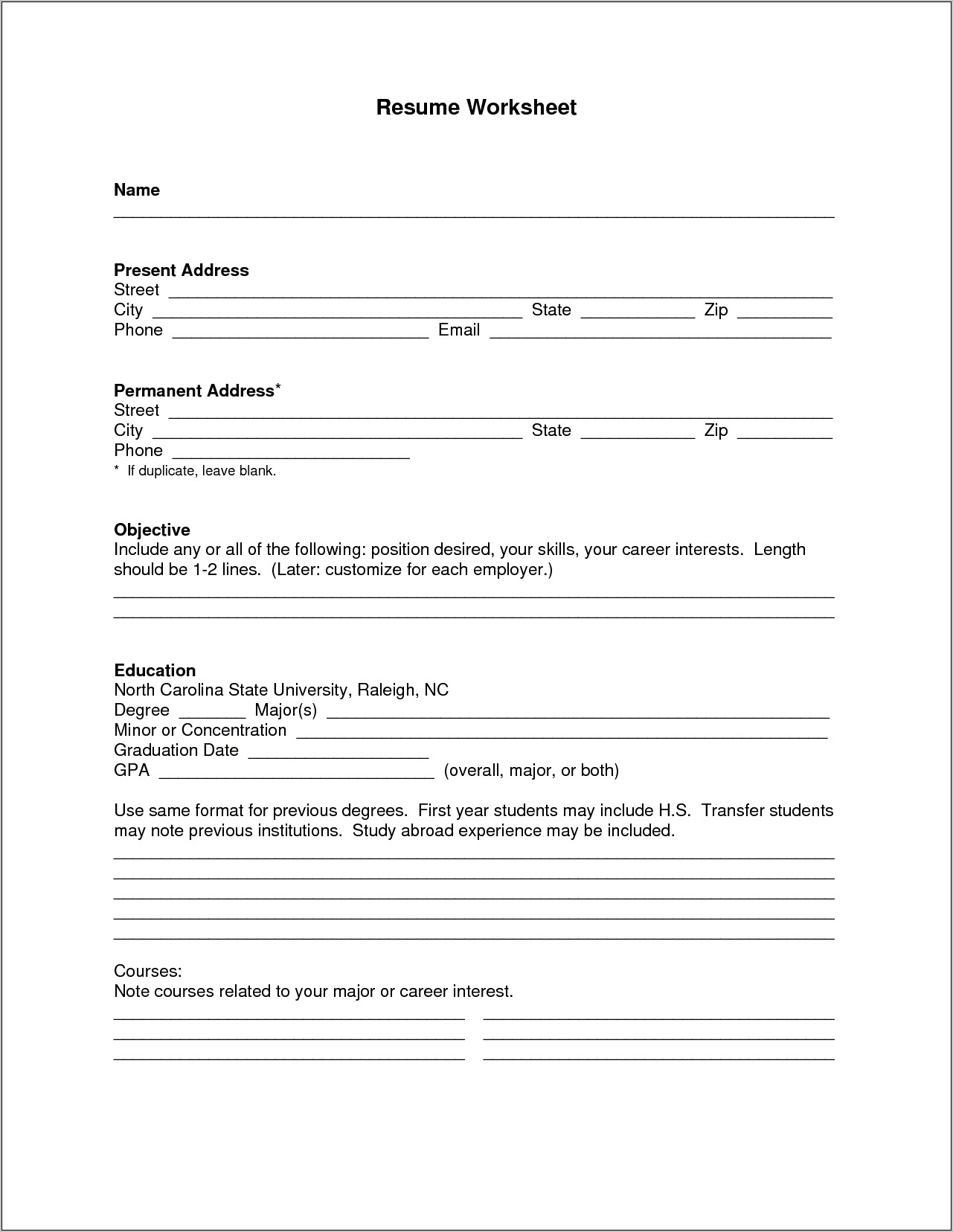 Free Printable Blank Resume Forms