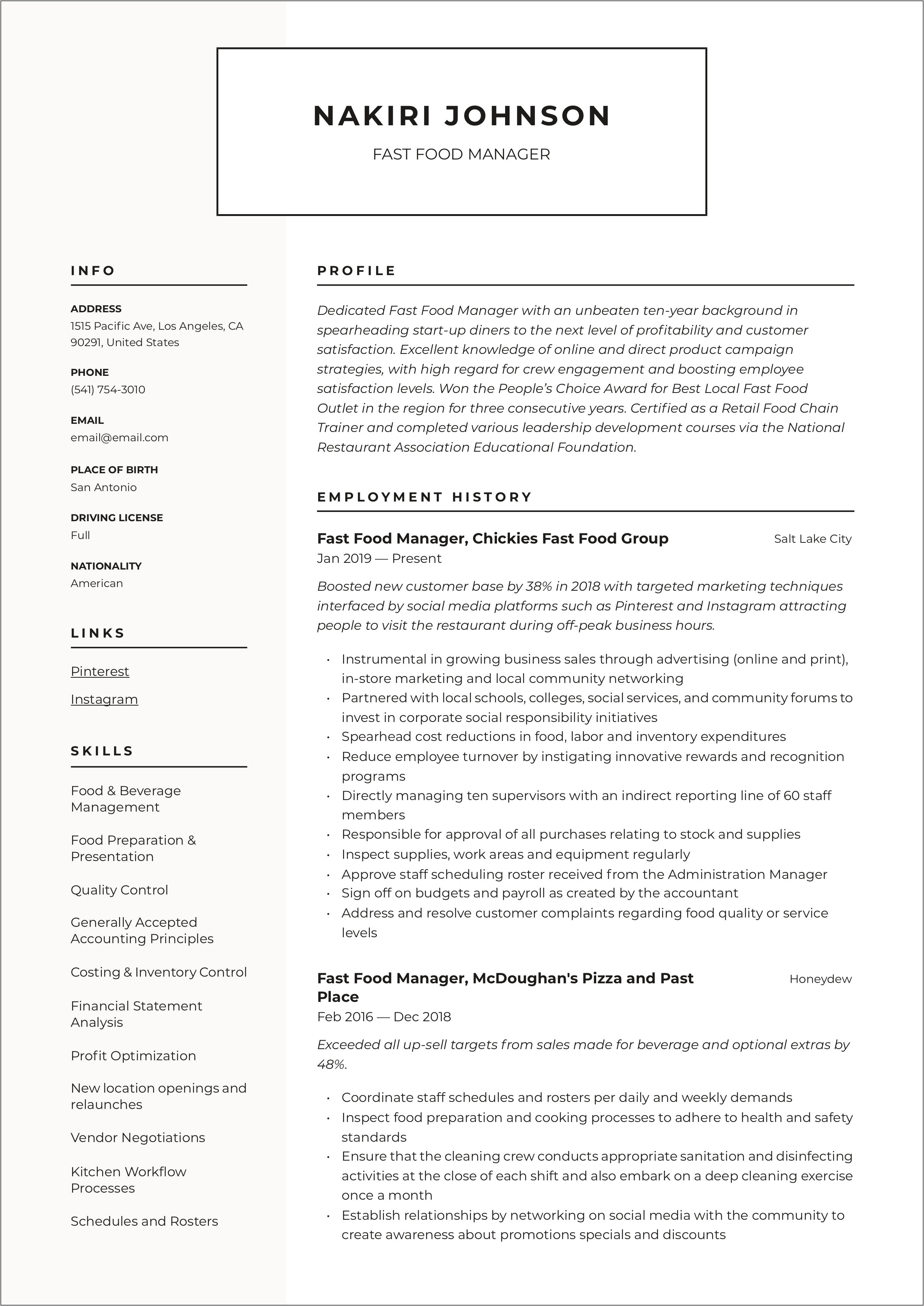 Free Restaurant Manager Resume Templates