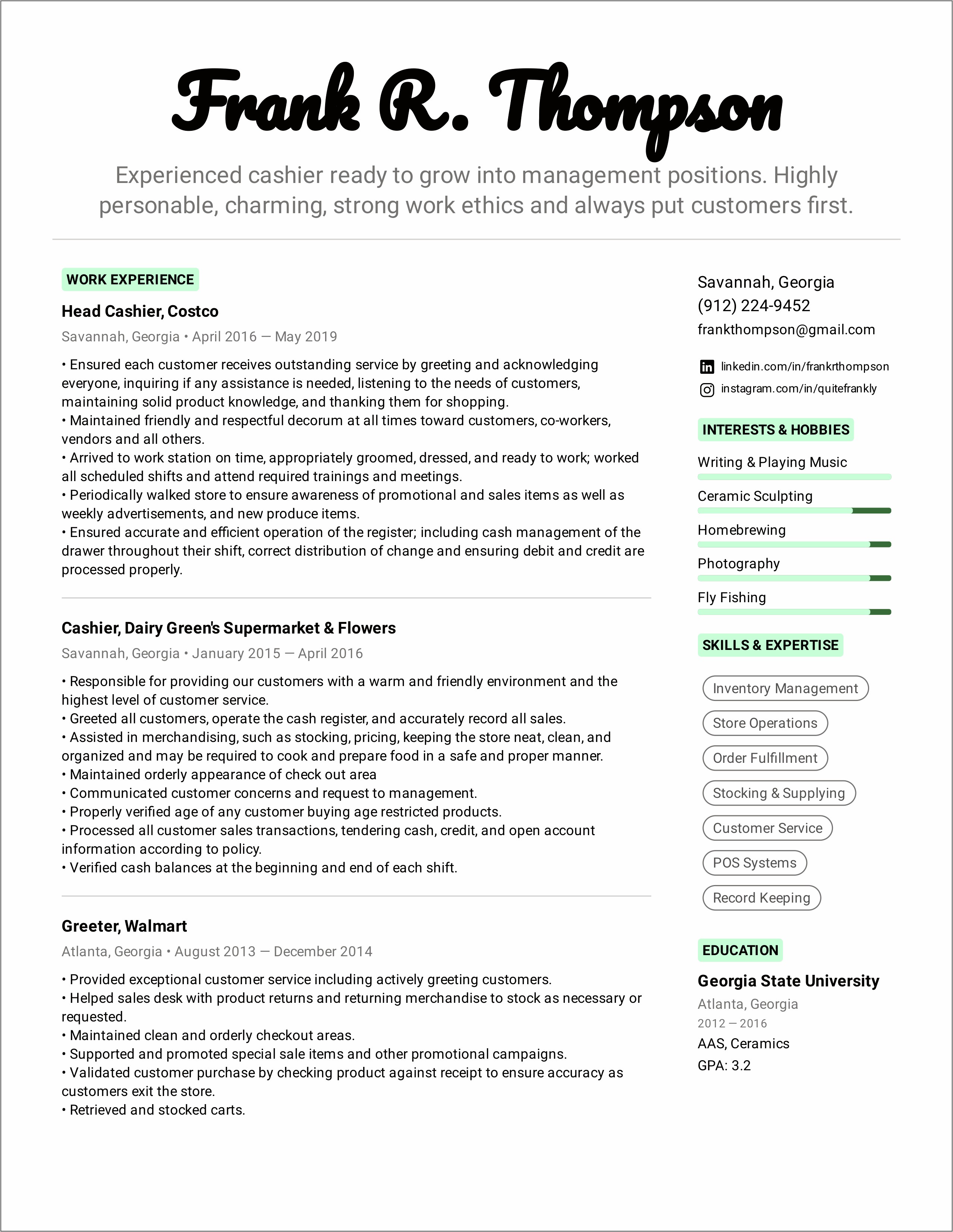 Free Resume Examples For Cashier