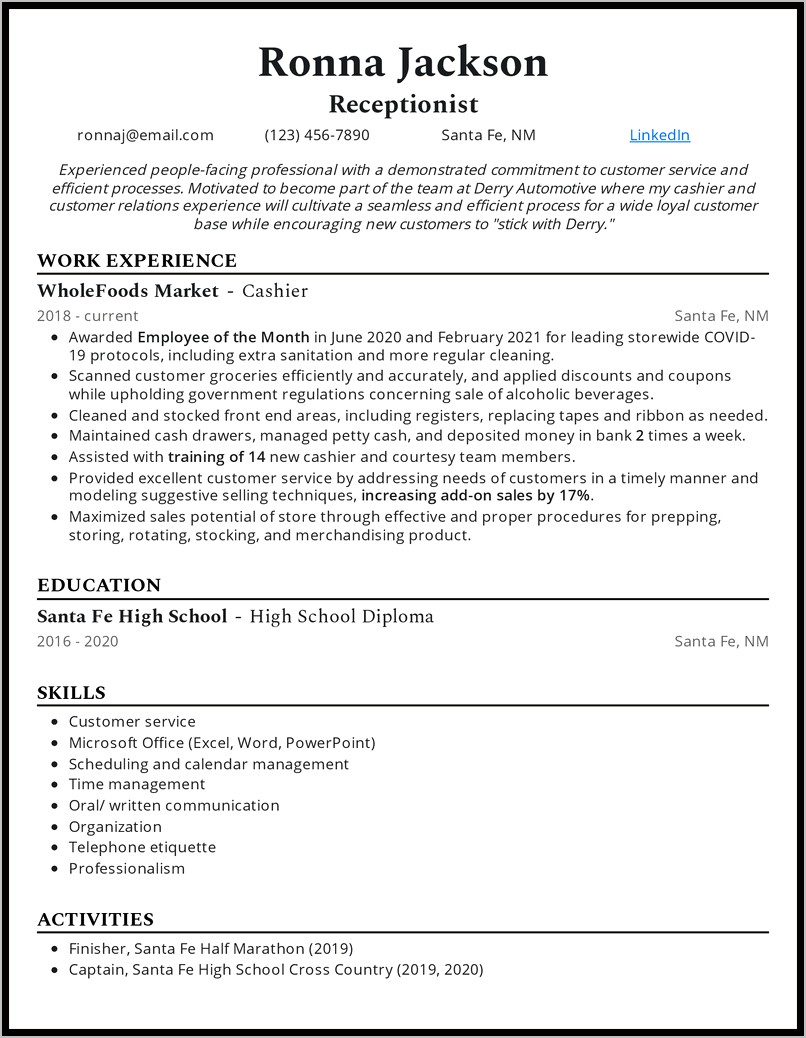 Free Resume Examples For Receptionist