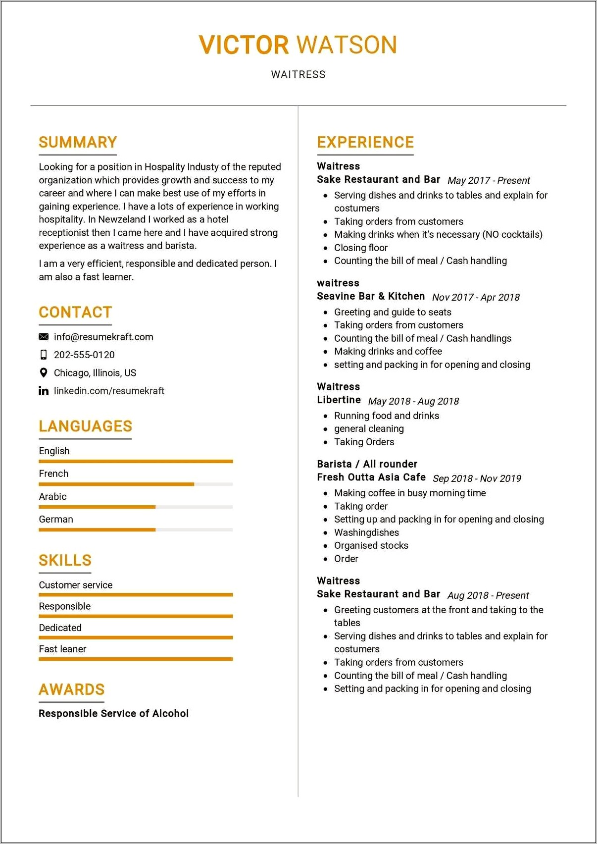 Free Resume For Restaurant Server